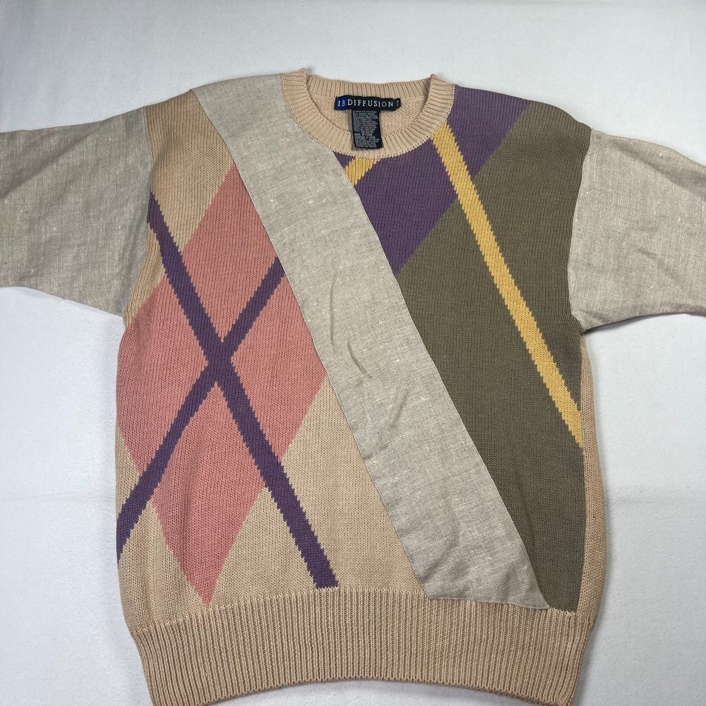 I.B. Diffusion Sweater Womens Medium Petite Beige Multi Argyle Panel Grandpacore